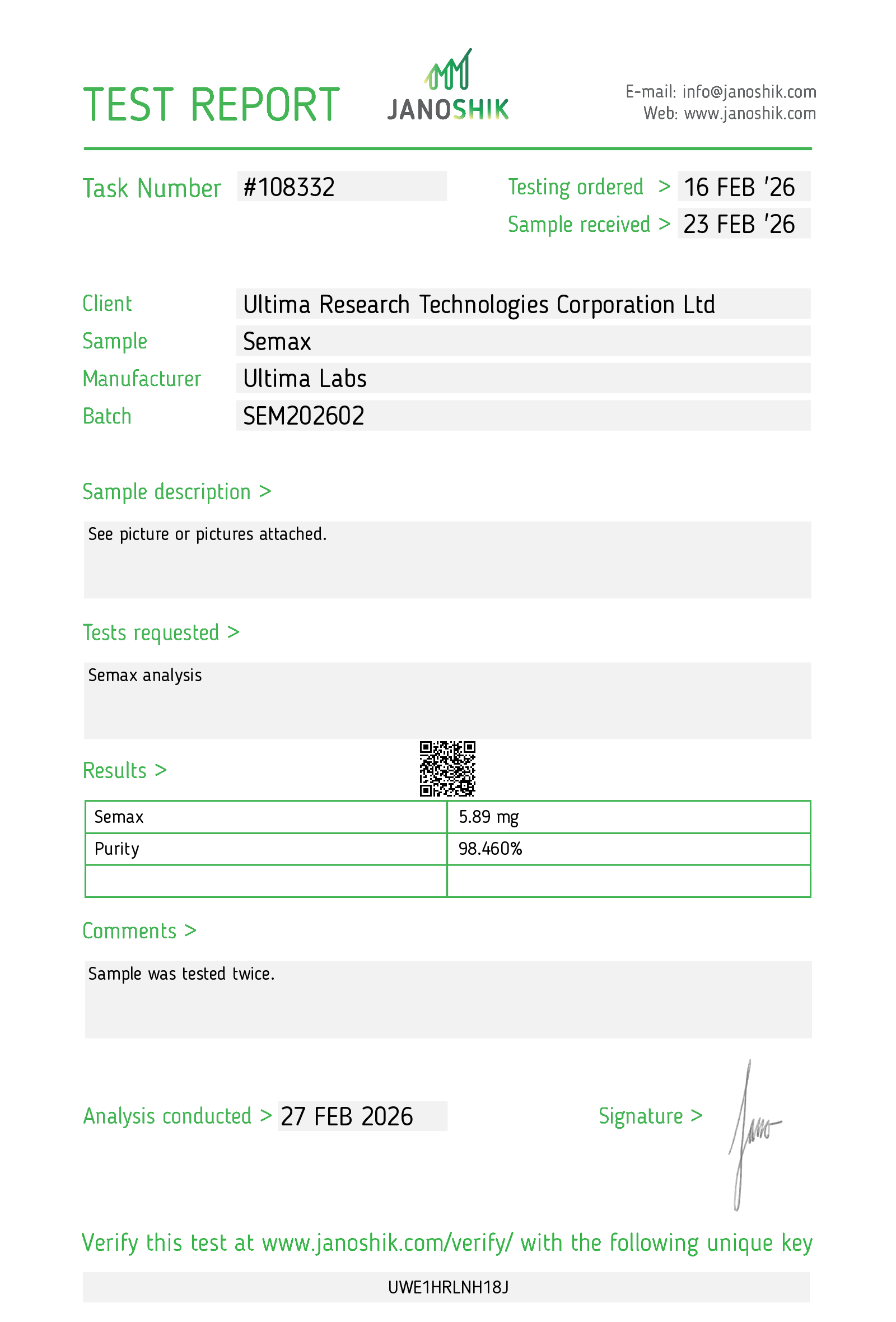 Certificate of Analysis - SEMAX 5MG