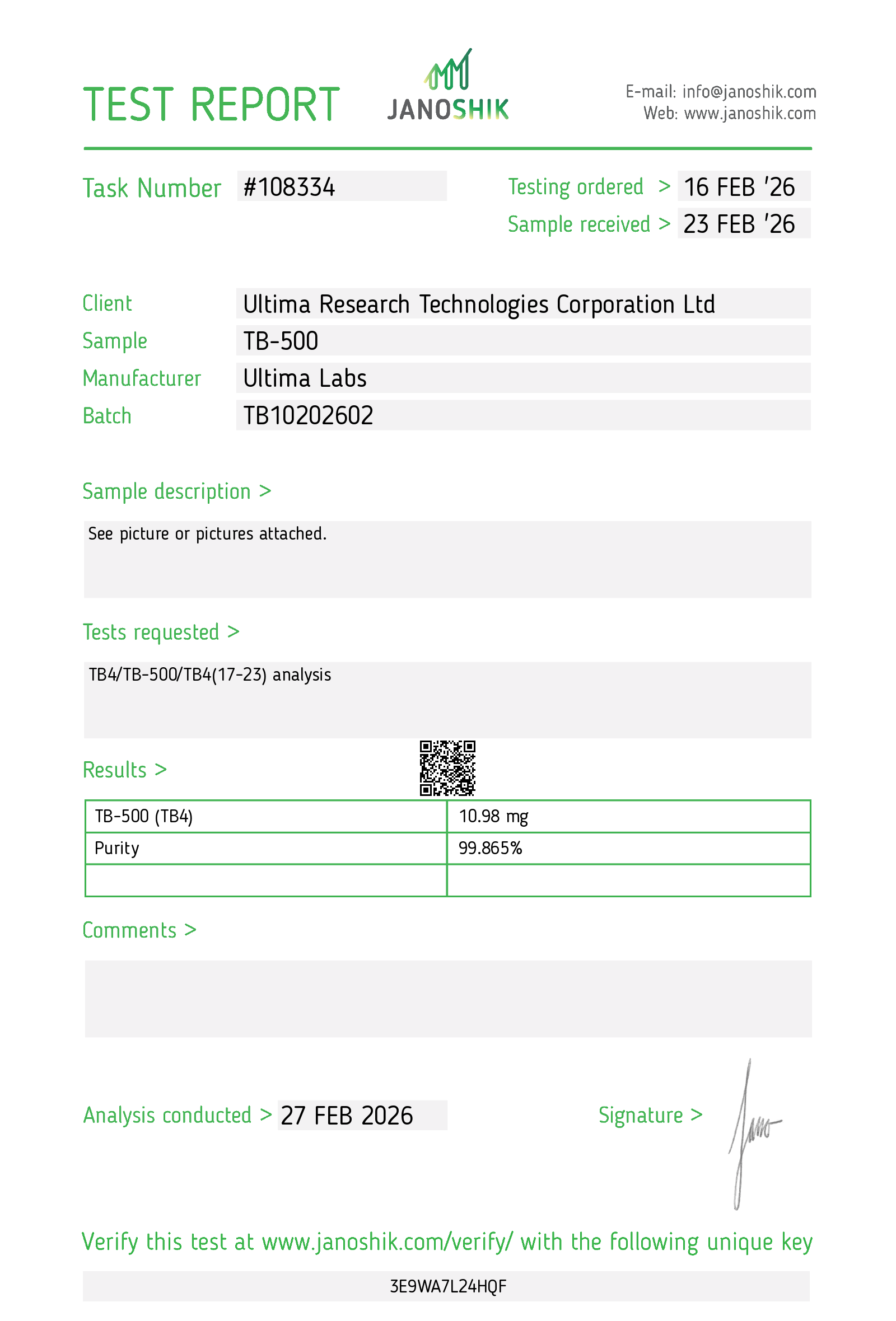 Certificate of Analysis - TB-500 10MG