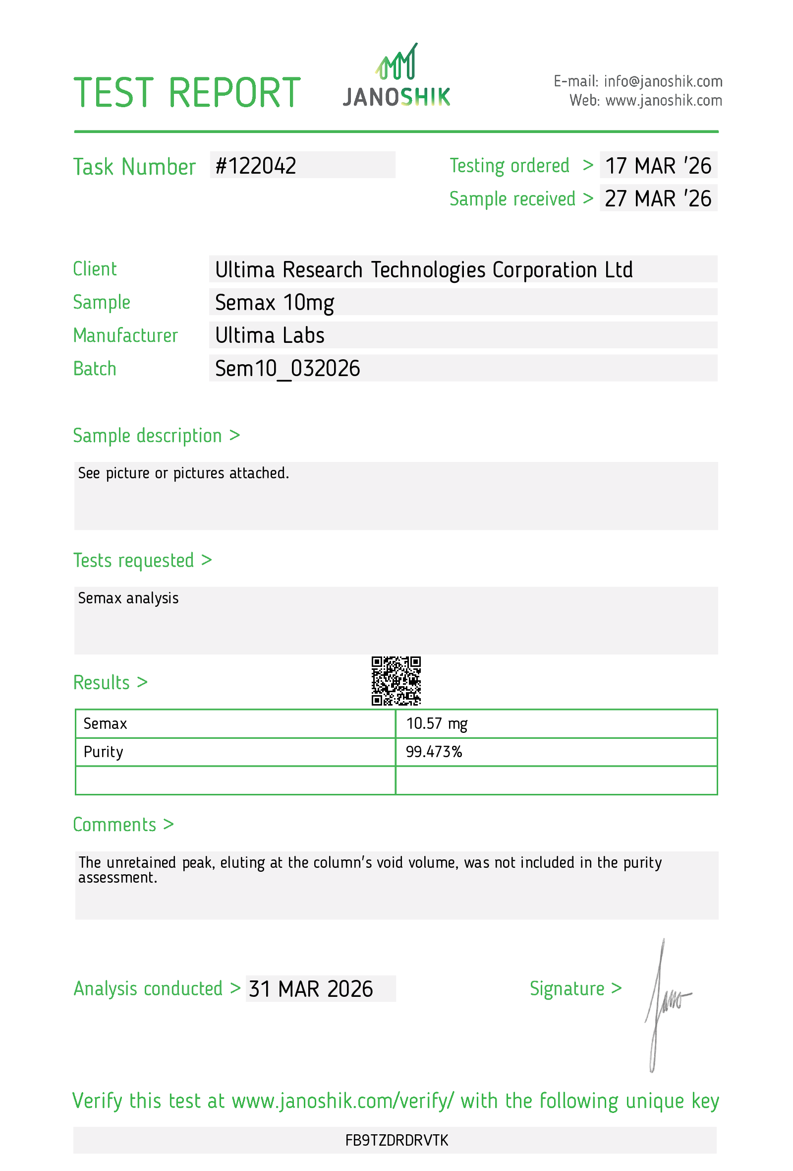 Certificate of Analysis - SEMAX 10MG