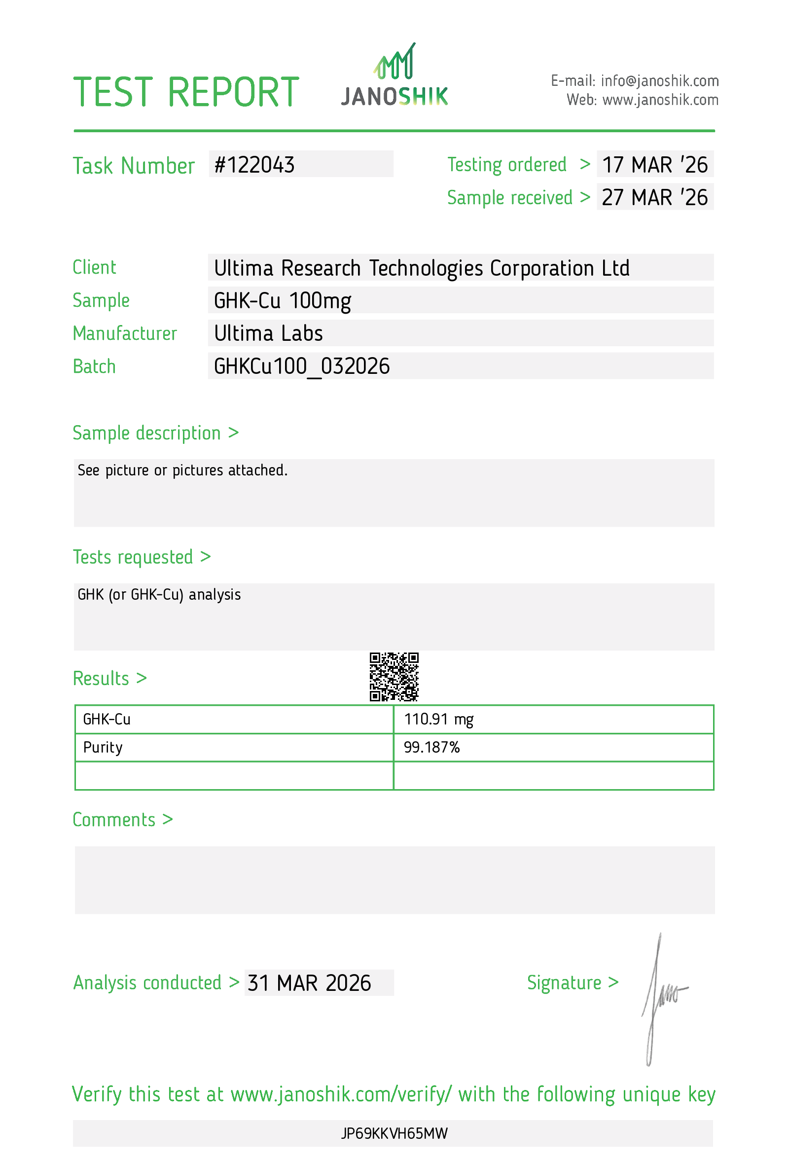 Certificate of Analysis - GHK-CU 100MG