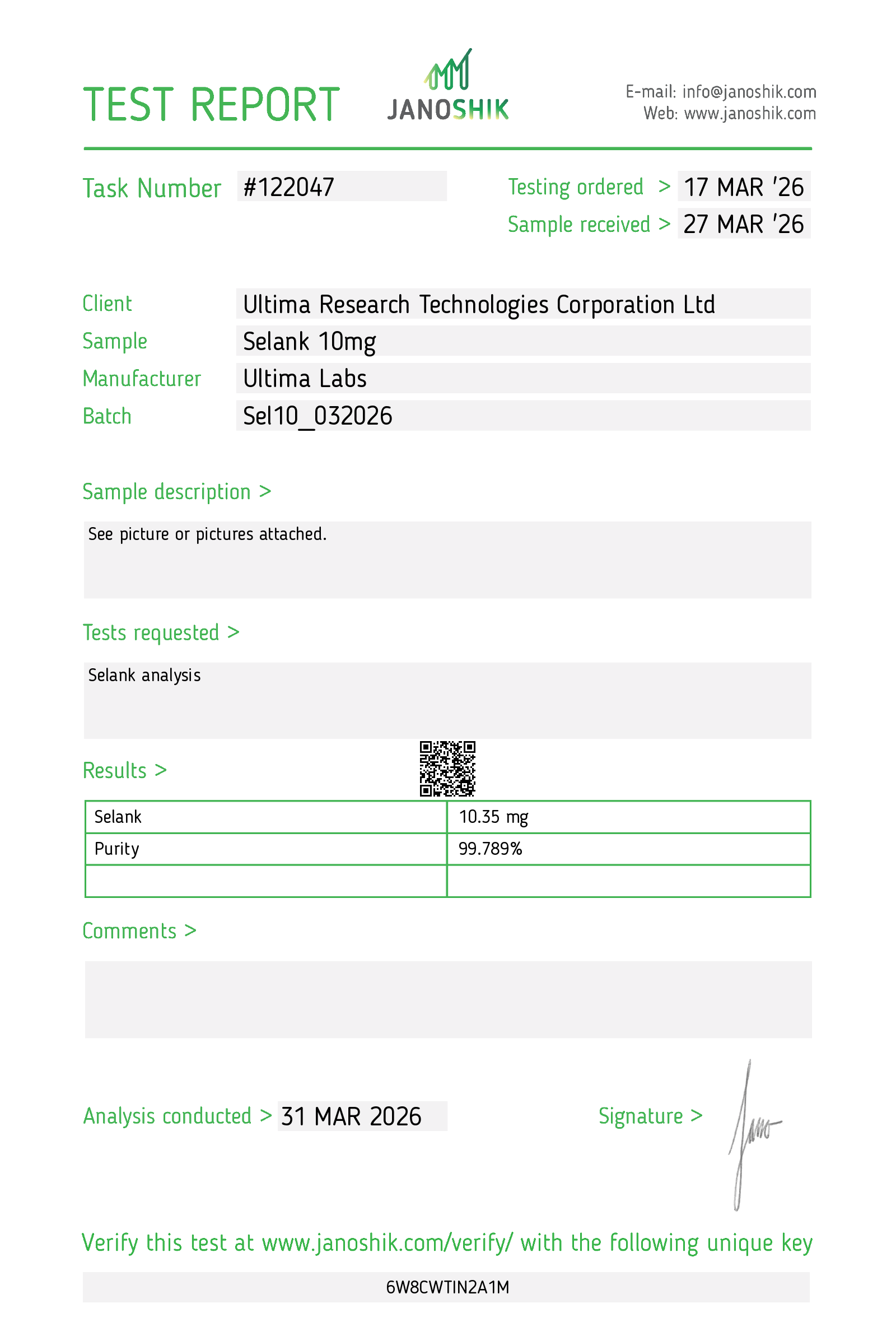 Certificate of Analysis - SELANK 10MG