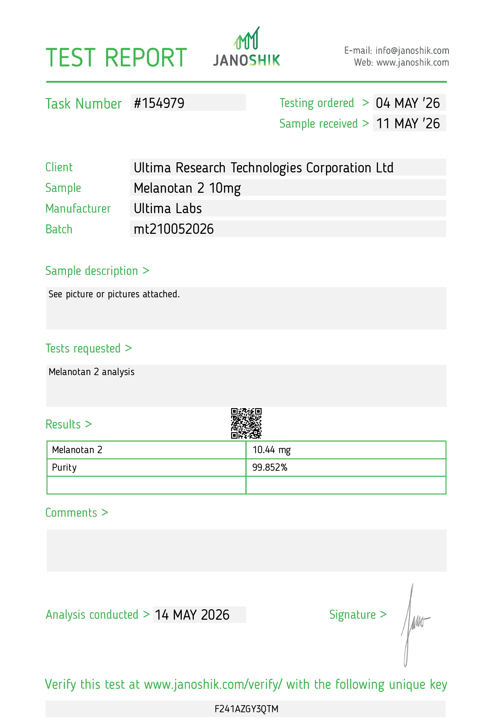 Certificate of Analysis - MELANOTAN 2 10MG