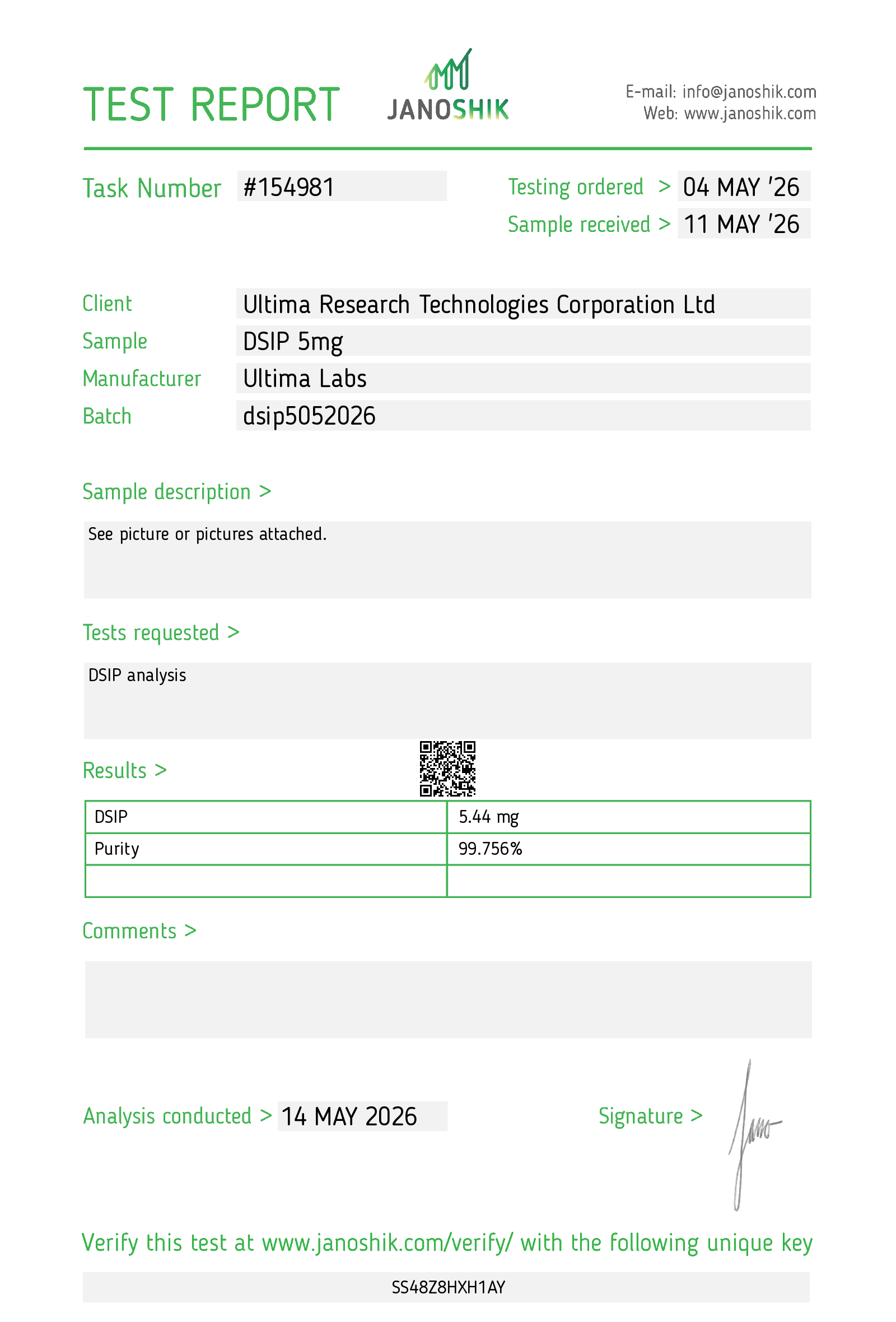 Certificate of Analysis - DSIP 5MG