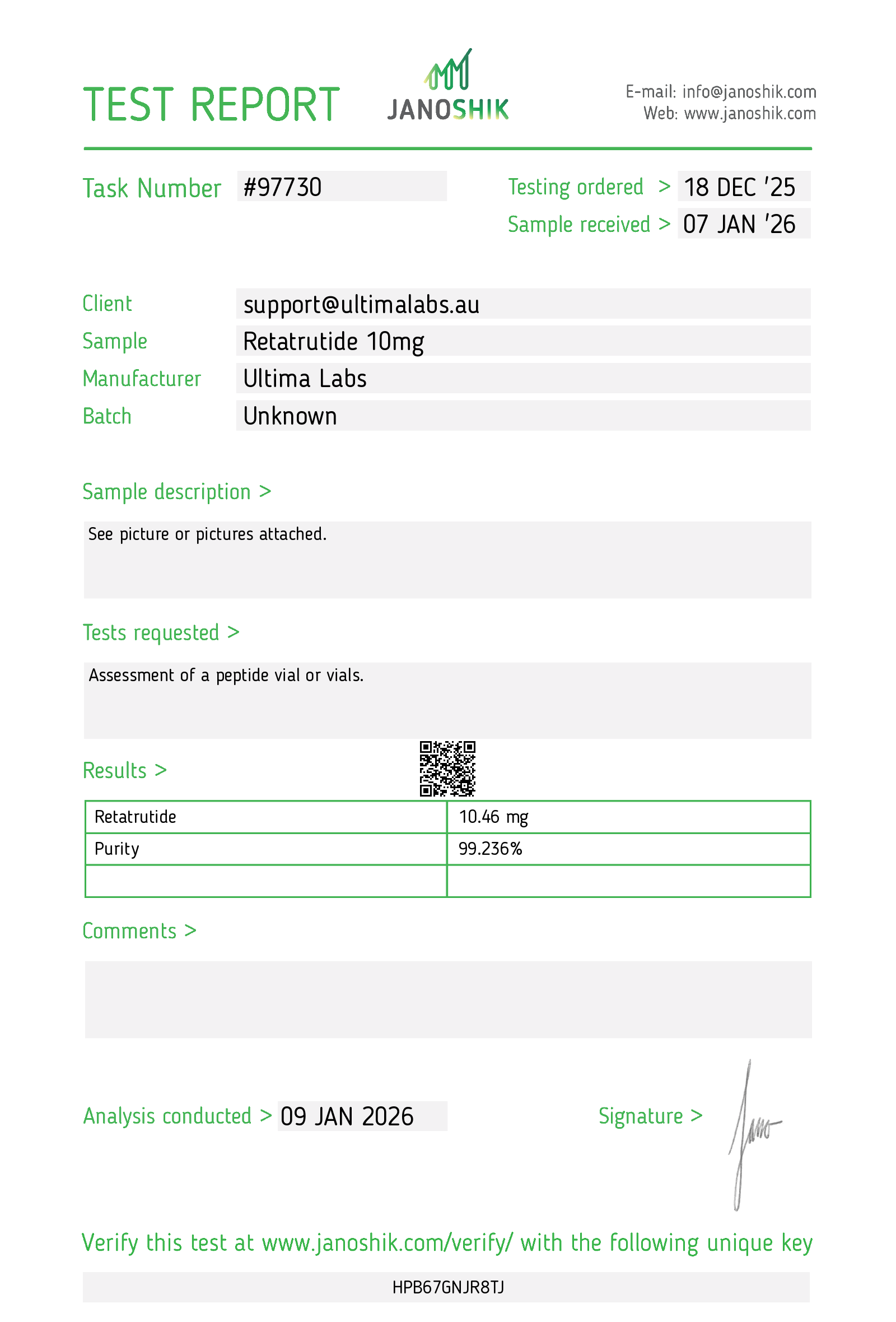 Certificate of Analysis - RETATRUTIDE 10MG